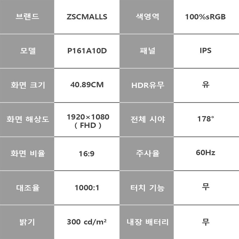 ZSCMALLS 40.89 cm FHD IPS 60Hz 휴대용 모니터, P161A11D