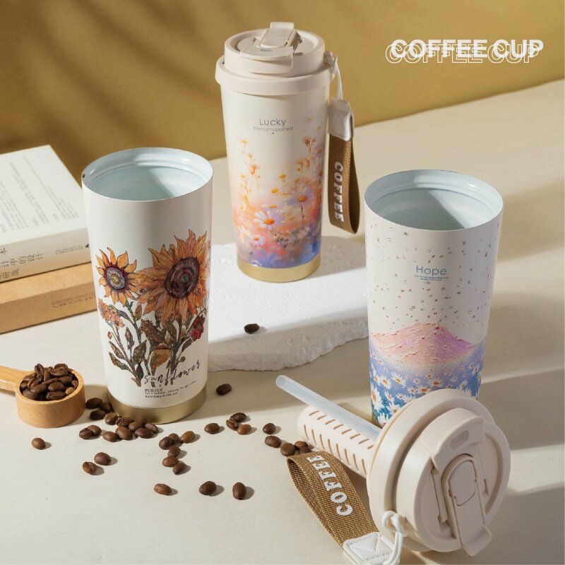 스테인레스 텀블러500ml 휴대용 빨대보온컵 세라믹코팅 보냉컵 DM888, 해바라기, 1개