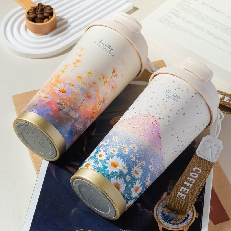 스테인레스 텀블러500ml 휴대용 빨대보온컵 세라믹코팅 보냉컵 DM888, 해바라기, 1개