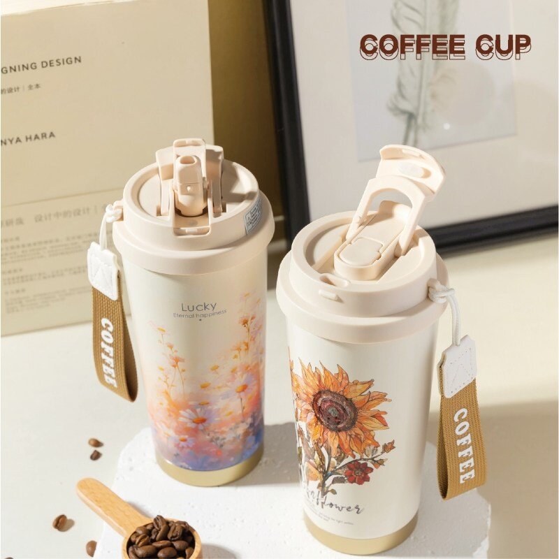 스테인레스 텀블러500ml 휴대용 빨대보온컵 세라믹코팅 보냉컵 DM888, 해바라기, 1개