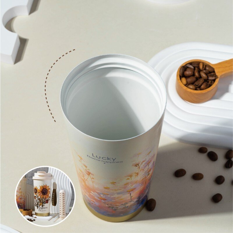 스테인레스 텀블러500ml 휴대용 빨대보온컵 세라믹코팅 보냉컵 DM888, 해바라기, 1개